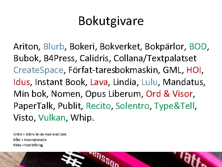 Bokutgivare Ariton, Blurb, Bokeri, Bokverket, Bokpärlor, BOD, Bubok, B 4 Press, Calidris, Collana/Textpalatset Create.