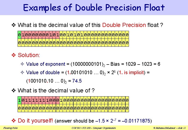 Examples of Double Precision Float v What is the decimal value of this Double