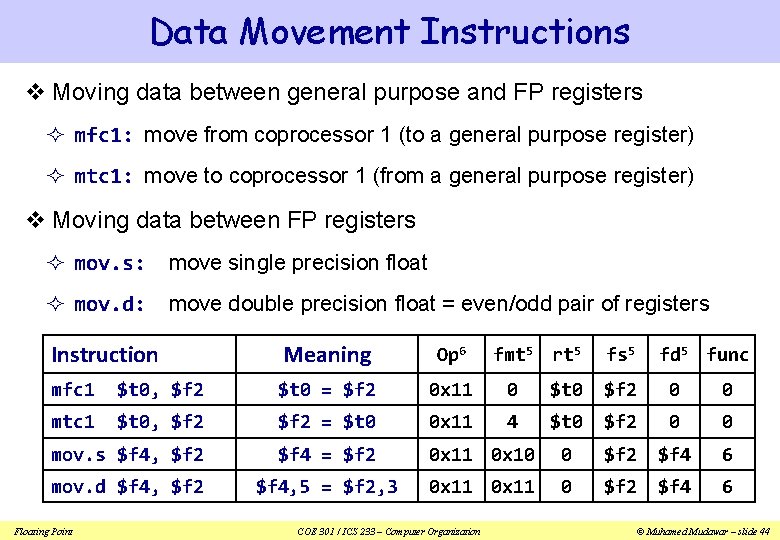 Data Movement Instructions v Moving data between general purpose and FP registers ² mfc