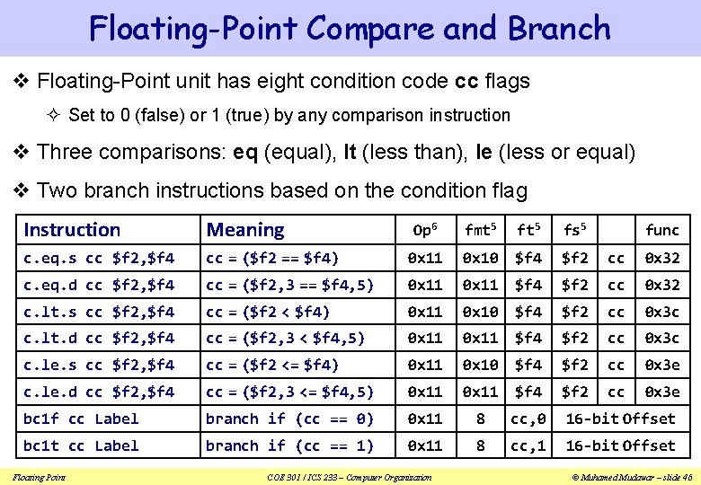 Floating-Point Compare and Branch v Floating-Point unit has eight condition code cc flags ²