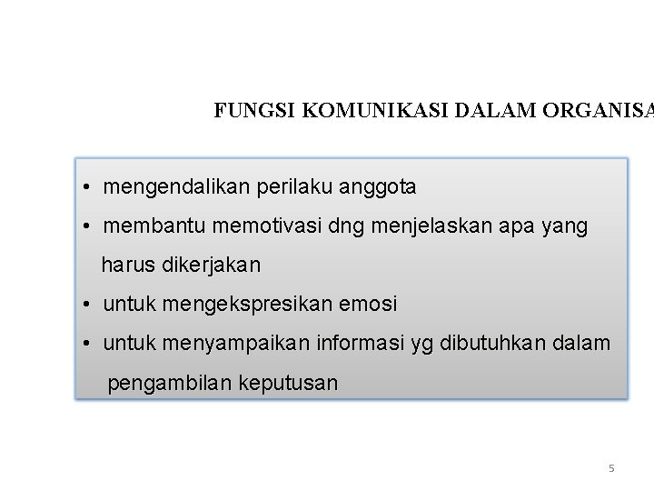 FUNGSI KOMUNIKASI DALAM ORGANISA • mengendalikan perilaku anggota • membantu memotivasi dng menjelaskan apa