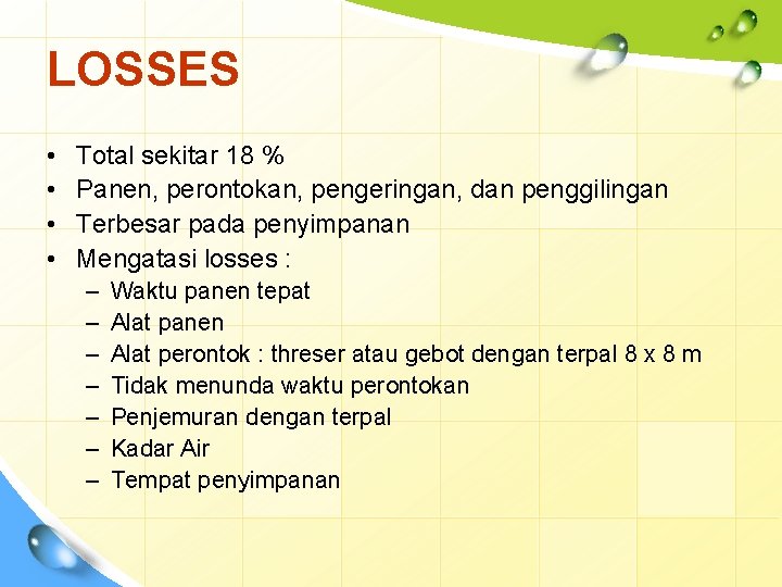 LOSSES • • Total sekitar 18 % Panen, perontokan, pengeringan, dan penggilingan Terbesar pada