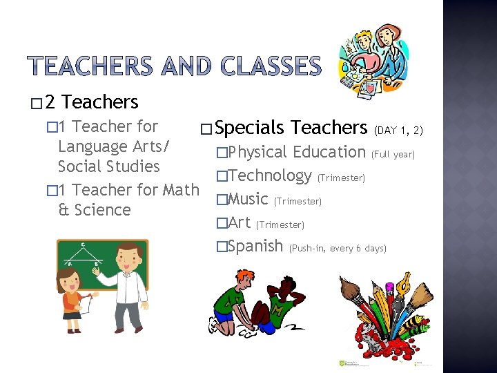 � 2 Teachers Teacher for � Specials Teachers (DAY 1, 2) Language Arts/ �Physical