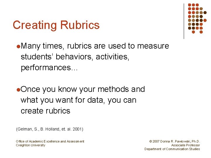 Creating Rubrics l. Many times, rubrics are used to measure students’ behaviors, activities, performances…