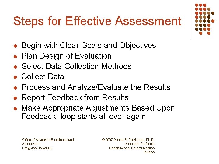 Steps for Effective Assessment l l l l Begin with Clear Goals and Objectives