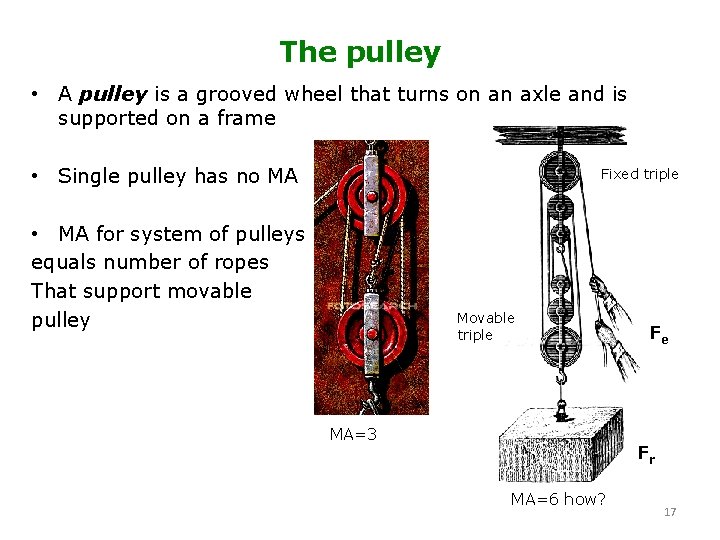 The pulley • A pulley is a grooved wheel that turns on an axle