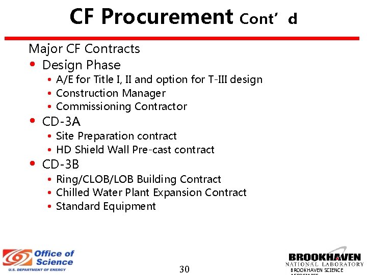 CF Procurement Cont’d Major CF Contracts • Design Phase • A/E for Title I,