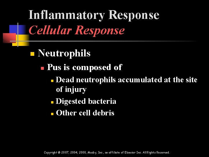 Inflammatory Response Cellular Response n Neutrophils n Pus is composed of Dead neutrophils accumulated