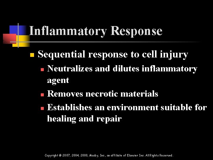 Inflammatory Response n Sequential response to cell injury Neutralizes and dilutes inflammatory agent n