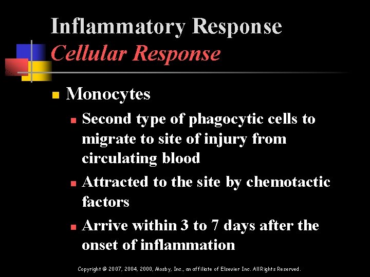 Inflammatory Response Cellular Response n Monocytes Second type of phagocytic cells to migrate to