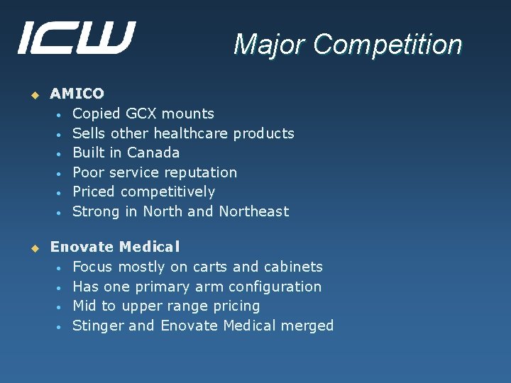 Major Competition u AMICO • Copied GCX mounts • Sells other healthcare products •