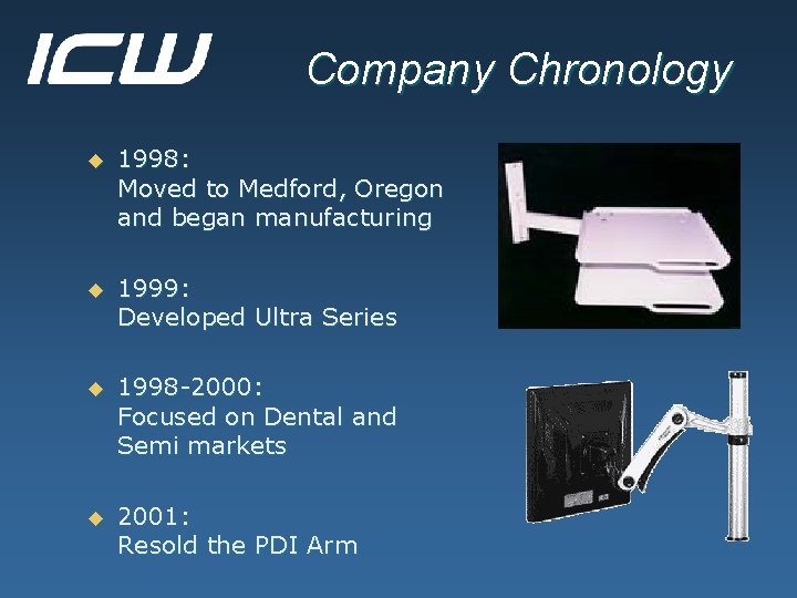 Company Chronology u 1998: Moved to Medford, Oregon and began manufacturing u 1999: Developed