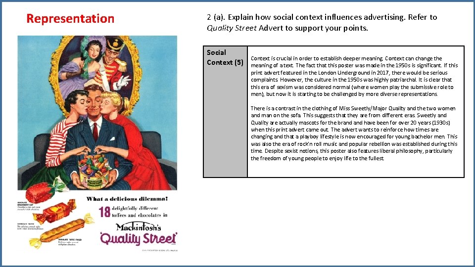 Representation 2 (a). Explain how social context influences advertising. Refer to Quality Street Advert