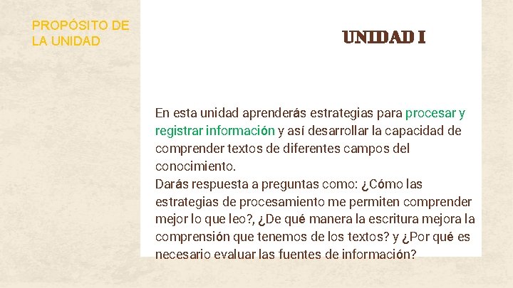 PROPÓSITO DE LA UNIDAD I En esta unidad aprenderás estrategias para procesar y registrar