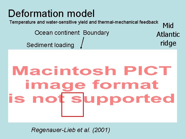 Deformation model Temperature and water-sensitive yield and thermal-mechanical feedback Ocean continent Boundary Sediment loading