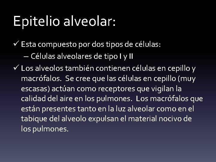 Epitelio alveolar: ü Esta compuesto por dos tipos de células: – Células alveolares de