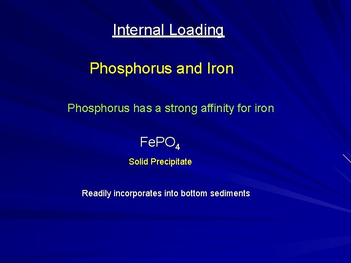 Internal Loading Phosphorus and Iron Phosphorus has a strong affinity for iron Fe. PO