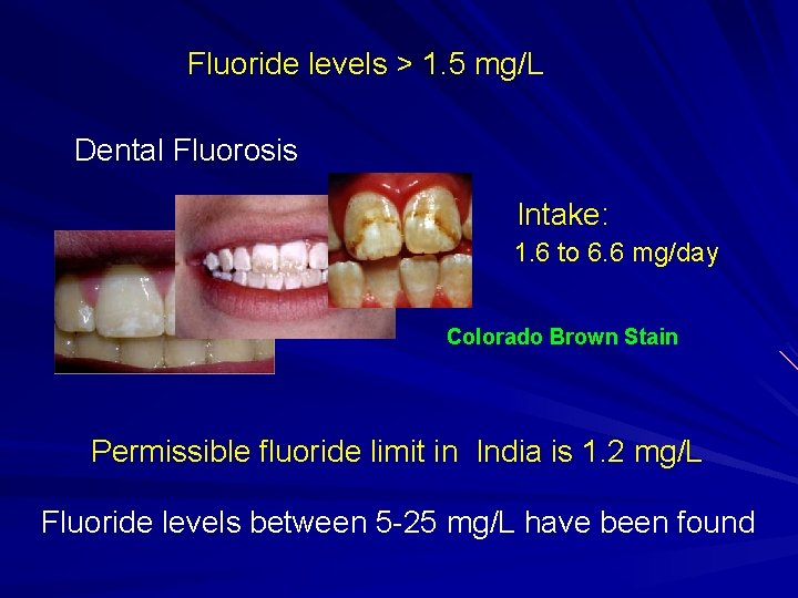 Fluoride levels > 1. 5 mg/L Dental Fluorosis Intake: 1. 6 to 6. 6