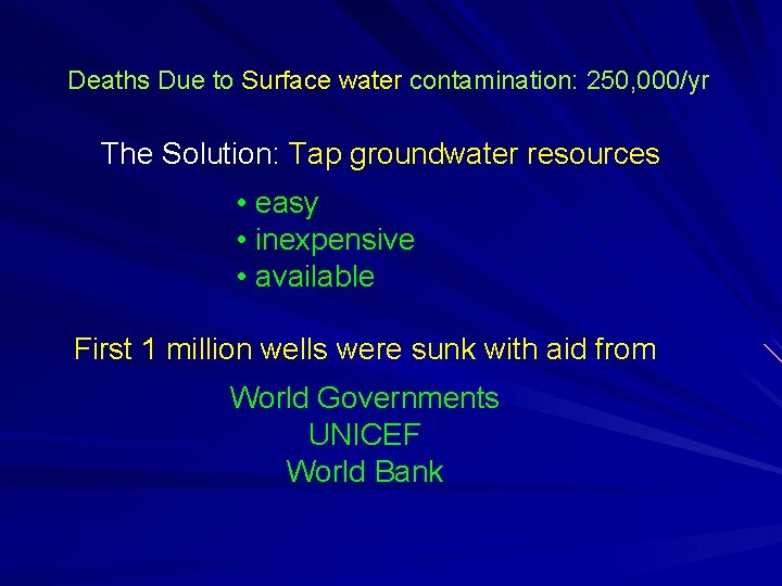 Deaths Due to Surface water contamination: 250, 000/yr The Solution: Tap groundwater resources •