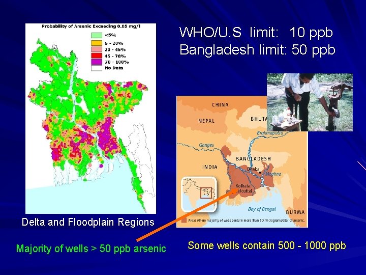 WHO/U. S limit: 10 ppb Bangladesh limit: 50 ppb Delta and Floodplain Regions Majority