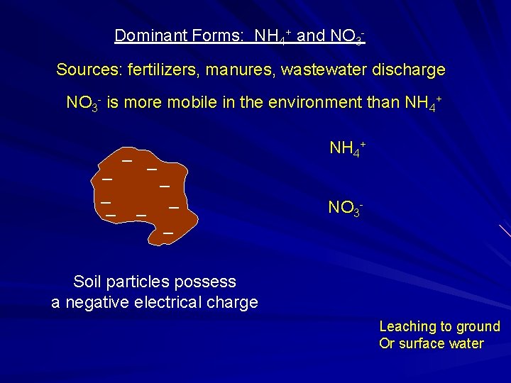 Dominant Forms: NH 4+ and NO 3 Sources: fertilizers, manures, wastewater discharge NO 3