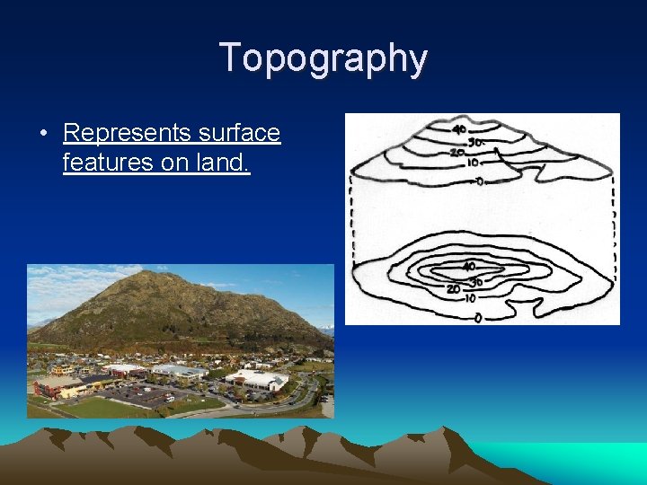 Topography • Represents surface features on land. 
