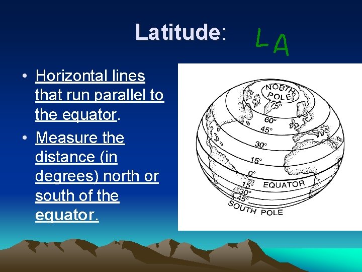 Latitude: • Horizontal lines that run parallel to the equator. • Measure the distance