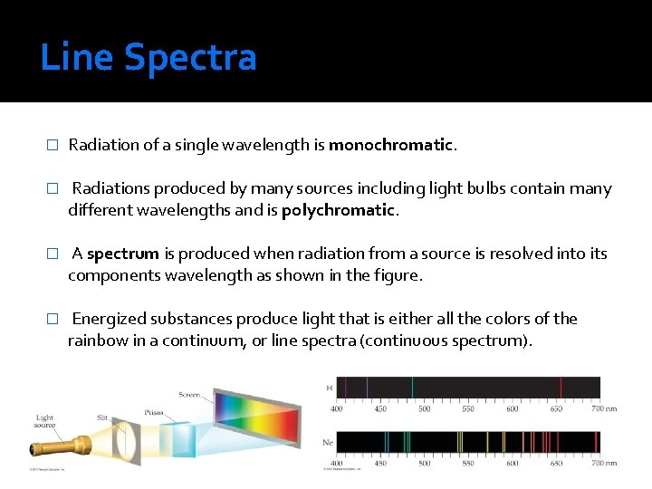 Line Spectra � Radiation of a single wavelength is monochromatic. � Radiations produced by