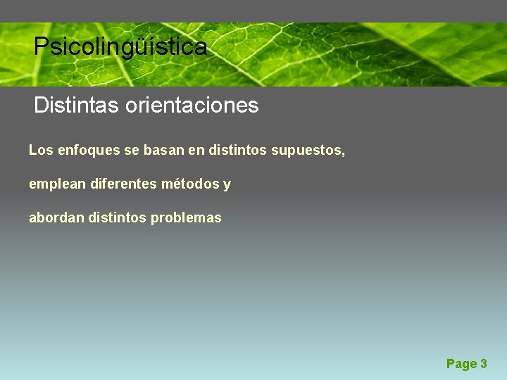 Psicolingüística Distintas orientaciones Los enfoques se basan en distintos supuestos, emplean diferentes métodos y