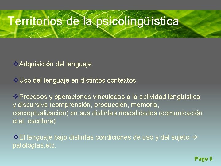 Territorios de la psicolingüística v. Adquisición del lenguaje v. Uso del lenguaje en distintos