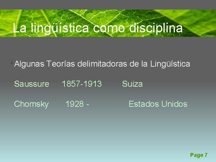 La lingüística como disciplina ¿ Algunas Teorías delimitadoras de la Lingüística Saussure Chomsky 1857