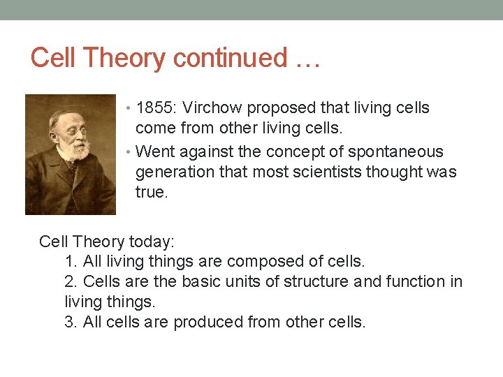 Cell Theory continued … • 1855: Virchow proposed that living cells come from other