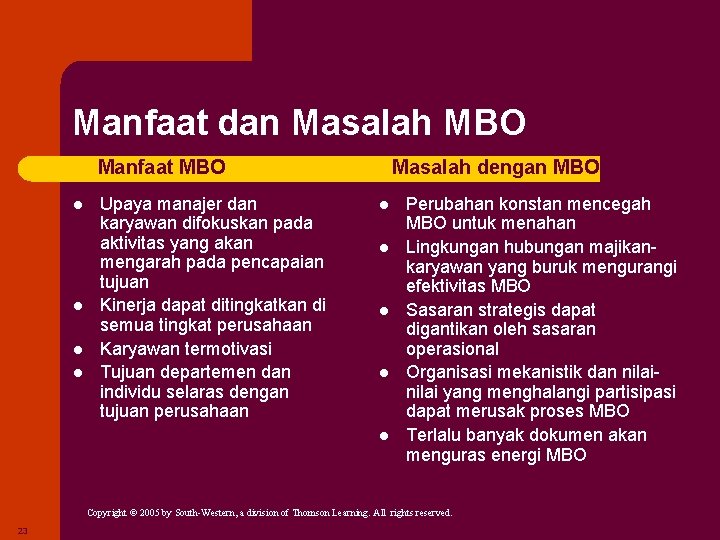 Manfaat dan Masalah MBO Manfaat MBO l l Upaya manajer dan karyawan difokuskan pada Manfaat dan Masalah MBO Manfaat MBO l l Upaya manajer dan karyawan difokuskan pada