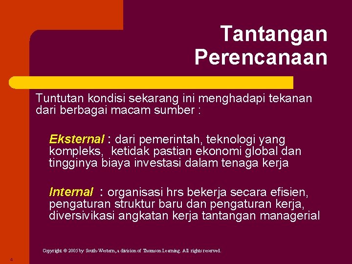 Tantangan Perencanaan Tuntutan kondisi sekarang ini menghadapi tekanan dari berbagai macam sumber : Eksternal Tantangan Perencanaan Tuntutan kondisi sekarang ini menghadapi tekanan dari berbagai macam sumber : Eksternal
