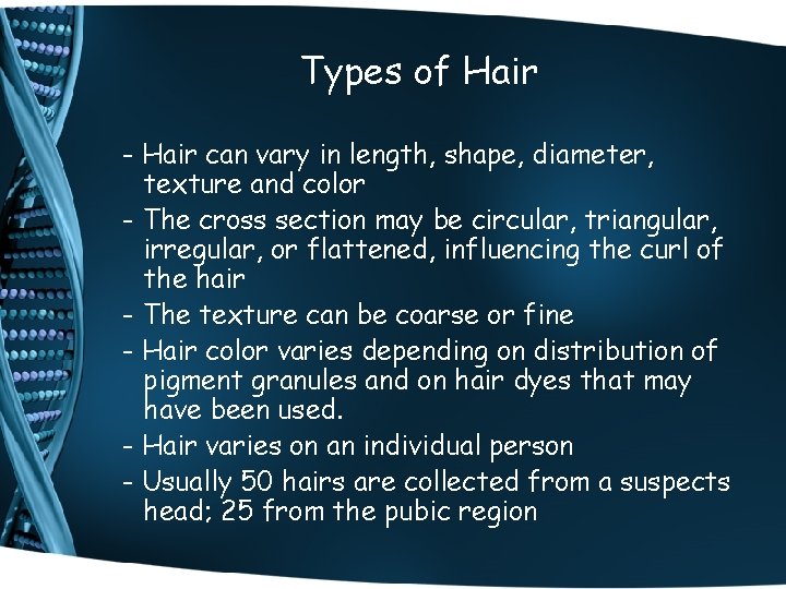Types of Hair - Hair can vary in length, shape, diameter, texture and color