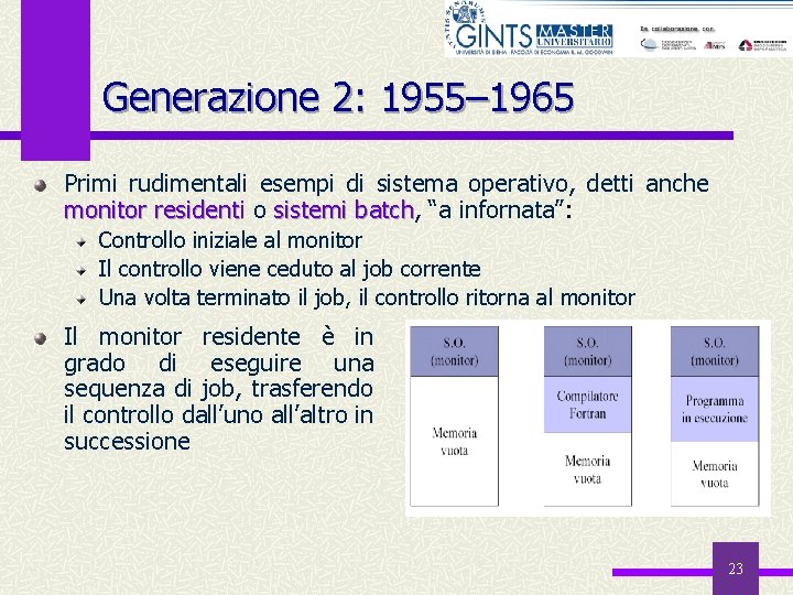 Generazione 2: 1955– 1965 Primi rudimentali esempi di sistema operativo, detti anche monitor residenti