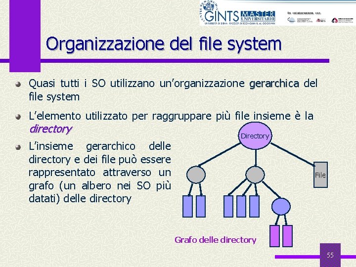 Organizzazione del file system Quasi tutti i SO utilizzano un’organizzazione gerarchica del file system