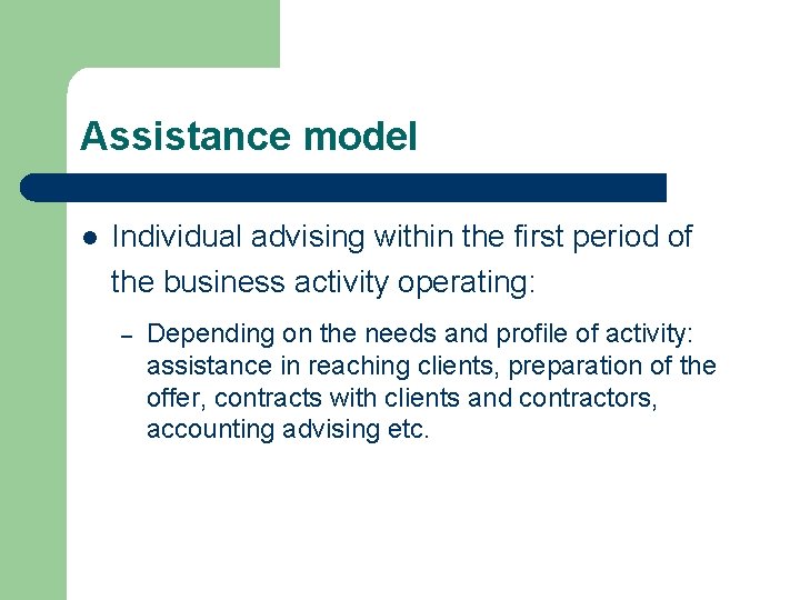 Assistance model l Individual advising within the first period of the business activity operating: