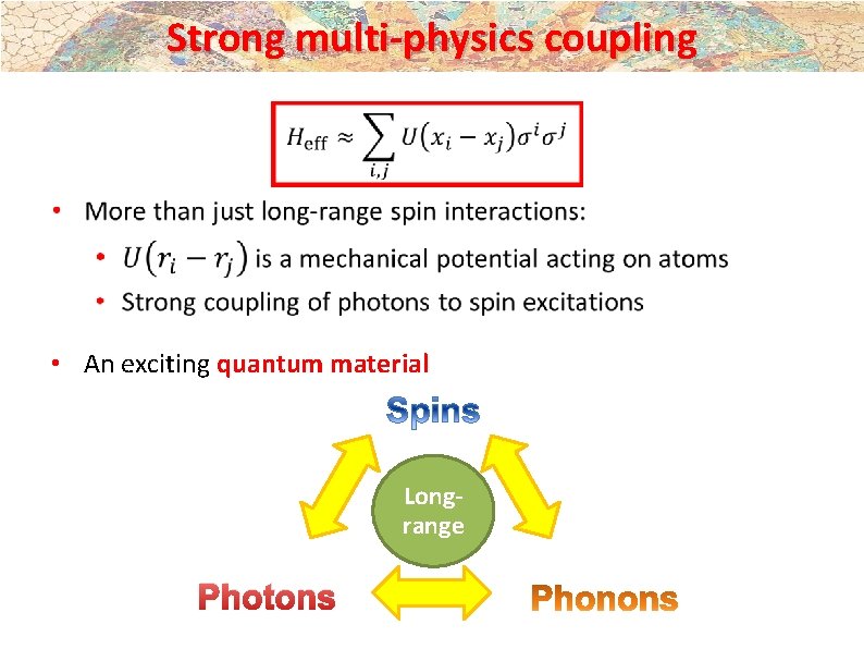 Strong multi-physics coupling • An exciting quantum material Longrange Photons 