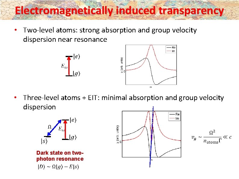 Electromagnetically induced transparency • Two-level atoms: strong absorption and group velocity dispersion near resonance