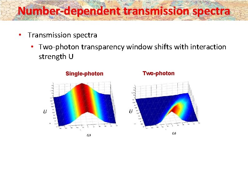 Number-dependent transmission spectra • Two-photon transparency window shifts with interaction strength U Single-photon Two-photon