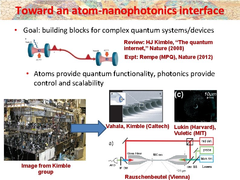 Toward an atom-nanophotonics interface • Goal: building blocks for complex quantum systems/devices Review: HJ