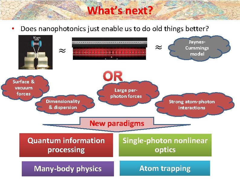 What’s next? • Does nanophotonics just enable us to do old things better? Jaynes.