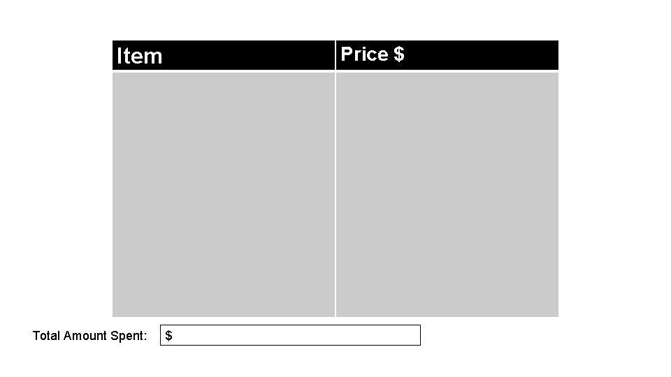Price $ Item Total Amount Spent: $ 