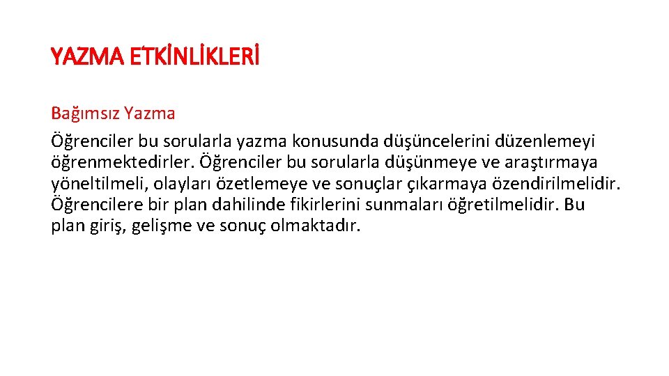 YAZMA ETKİNLİKLERİ Bağımsız Yazma Öğrenciler bu sorularla yazma konusunda düşüncelerini düzenlemeyi öğrenmektedirler. Öğrenciler bu