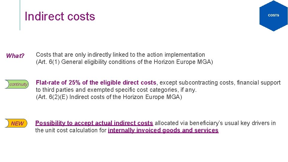 Indirect costs What? continuity NEW Costs that are only indirectly linked to the action