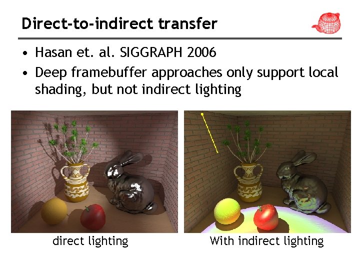 Direct-to-indirect transfer • Hasan et. al. SIGGRAPH 2006 • Deep framebuffer approaches only support