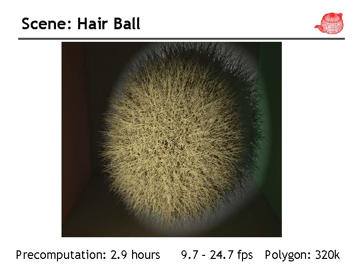 Scene: Hair Ball Precomputation: 2. 9 hours 9. 7 – 24. 7 fps Polygon: