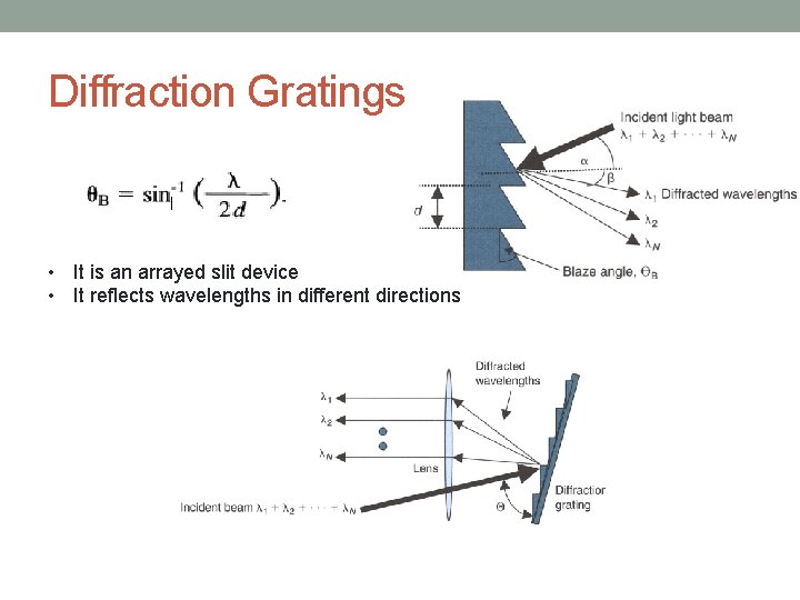Diffraction Gratings • It is an arrayed slit device • It reflects wavelengths in