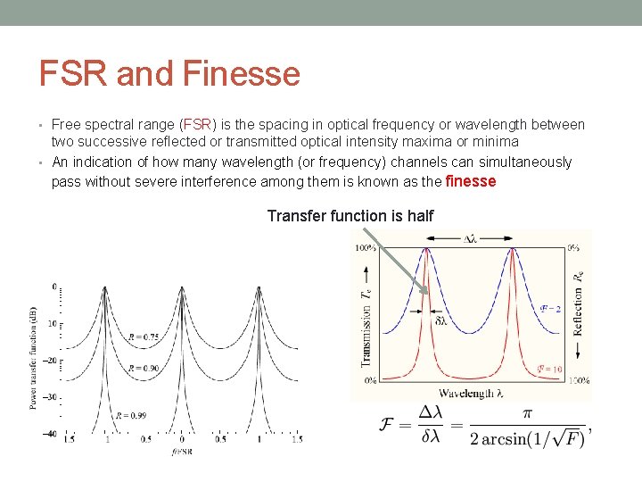 FSR and Finesse • Free spectral range (FSR) is the spacing in optical frequency